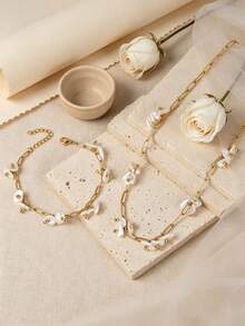 YUZENG Bộ trang sức mạ vàng 18K gồm dây chuyền và vòng tay ngọc trai hình cánh hoa Baroque, kiểu Pháp tinh tế, không gây dị ứng, thích hợp đeo hàng ngày. - Dây chuyền và vòng tay hình cánh hoa - Xem 7