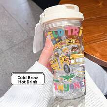 1个/5个装 500毫升返校主题便携式塑料吸管杯。这款高颜值透明旅行杯印有卡通校车、恐龙、铅笔图案和趣味文字，充满童趣和活力。 - 彩色 - 查看 12