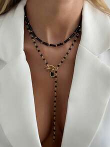 Bộ 2 dây chuyền chữ Y kiểu Gothic cổ điển đính pha lê đen, thiết kế khóa OT thanh lịch, thích hợp cho nữ giới đeo hàng ngày, làm phụ kiện dự tiệc hoặc quà tặng ngày lễ. - màu đen - Xem 7