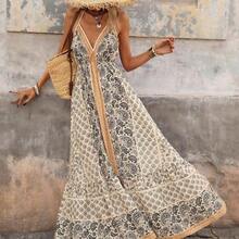 Women's Backless Halter Dress With Cashew Flower Print, Suitable For Vacation,Vacation,Vacation Style,Going Out For Dating, Easter Dress Women,Casual Dresses For Women,Summer Holiday Outfits,Festival Dresses, Suitable For Spring/Summer Vacation Women Vacation Dress Boho Summer Dress Women Beach Long Dress,Holiday Shopping Dresses, School Outfits, Very Simple Attire, Women's Country Clothing, Office Attire, Old Money Attire, Teacher Attire, Date Attire, Graduation Season, Casual Dresses, - Caqui - Ver 2