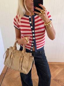 Áo khoác cardigan nữ kiểu retro kẻ sọc, tay ngắn, lý tưởng cho kỳ nghỉ hè, trang phục công sở, trang phục ngày Quốc khánh. Màu đỏ. - Đỏ - Xem 6