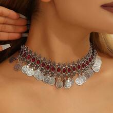 1pc Vintage Luxury Bohemian Silver Coin & Red Rhinestone Choker,Pendant Statement Necklace, Women's Party & Festival Wear - 銀色 - 查看 1