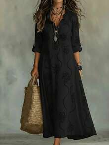 Vestido largo de algodón y lino bordado con encaje de moda de primavera y verano - Negro - Ver 3
