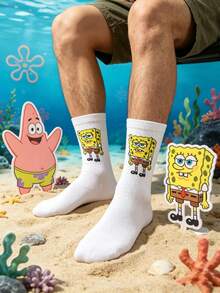 SpongeBob SquarePants 1双男士白色卡通海绵印花中筒袜，趣味休闲日常穿着袜子 - 彩色 - 查看 3