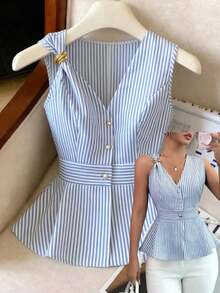Elenzya 2026 New Summer Fashion Elegant Luxury Linen Striped Design V-Neck Metal Button Waist A-Line Sleeveless Casual Blouse For Women - Xanh và trắng - Xem 1