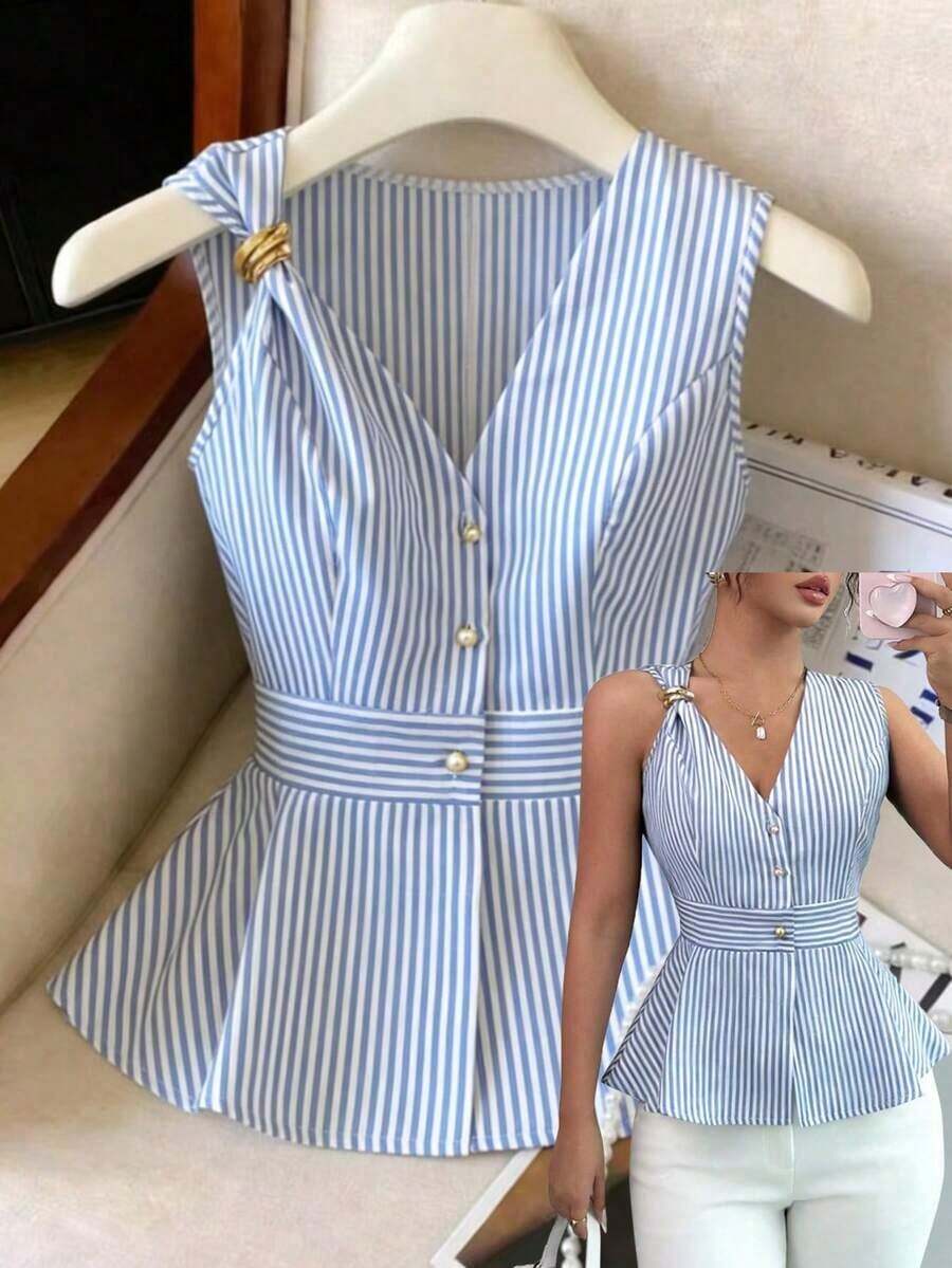 Elenzya 2026 New Summer Fashion Elegant Luxury Linen Striped Design V-Neck Metal Button Waist A-Line Sleeveless Casual Blouse For Women - Xanh và trắng - Xem 1