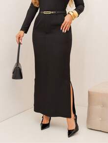 Women's Fashion Long Straight Linen Skirt In Two Colors With Black Belt. The Fabric Is Superior To Tailored Women's Fashion With A Side Slit, Button Closure, Zipper, And Side Pockets. Elegant And Casual. - 黑色 - 查看 4