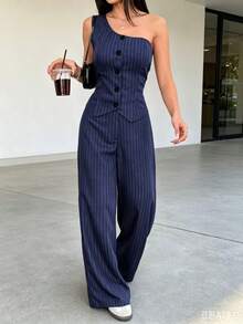 Elegant Women's Set Featuring A Sleeveless Striped Linen Blouse With An Asymmetrical Neckline And Wide-Leg Trousers. A Stylish Two-Piece Set With Front Buttons, Perfect For Autumn Looks. - Royal Blue - View 8