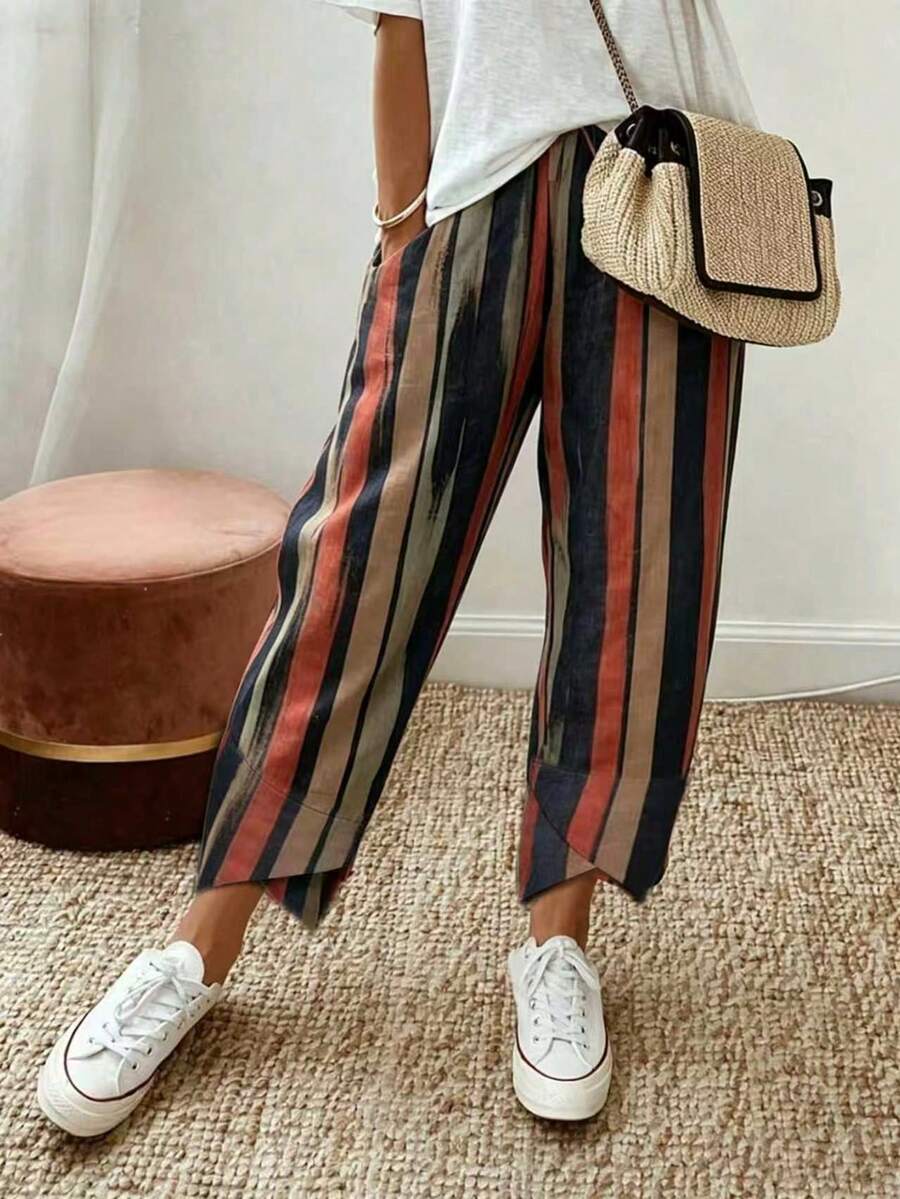 Women's Fashion Casual Loose Contrast Striped Retro Print Capri Pants With Pockets Vacation