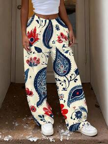 Women's Straight Leg Trousers Floral Paisley Blue Red White  Fashionable Color Print, Elastic High Waist Drawstring Loose Straight Leg Full Length Streetwear Loungewear - 混合色 - 查看 5