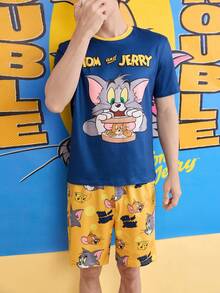 Noctvar OBM Sleepwear X TOM & JERRY Collaboration Men's Short Sleeve Top And Shorts Set, Colorblock Blue & Yellow Shirt + Allover Print Shorts Comfortable - Multicolor - View 3