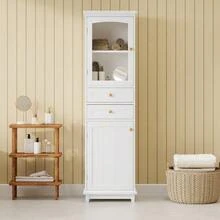 Bathroom Cabinet 45x36x160cm, Glass Doors, Two Cupboards, Two Drawers, Adjustable Shelves, Gold Handles, Bottom Drawer Slides, White. - White - View 2