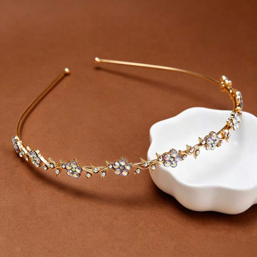 Bandeau élégant avec strass et fleurs - Tiare de princesse en alliage pour mariages, fêtes et tenue décontractée - Style diamant AB - Voir 1
