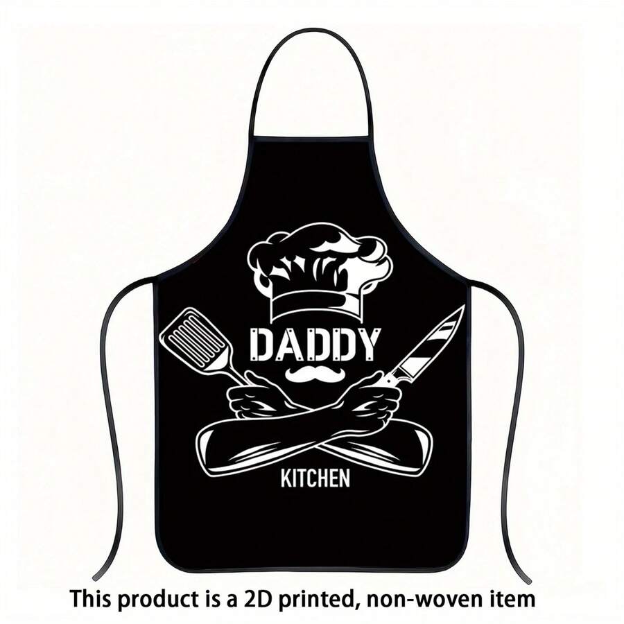 1 "DADDY KITCHEN" Chef-Themed Apron With Black Background And White Chef Hat And Cutlery Design, Perfect For Cooking, Baking, Gardening, And Father's Day Gifts, Kitchen Apron | Chef-Themed Apron | Durable Kitchen Apron - Multicolor - View 1