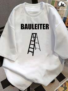 Camiseta gráfica 'BAULEITER' para hombre - Casual, Sve corto, cuello redondo, diseño negro y blanco elegante, tejido de algodón ligero y transpirable, perfecto para el uso diario y casuutings | Camiseta de ajuste relajado | y cómodo - Blanco - Ver 2