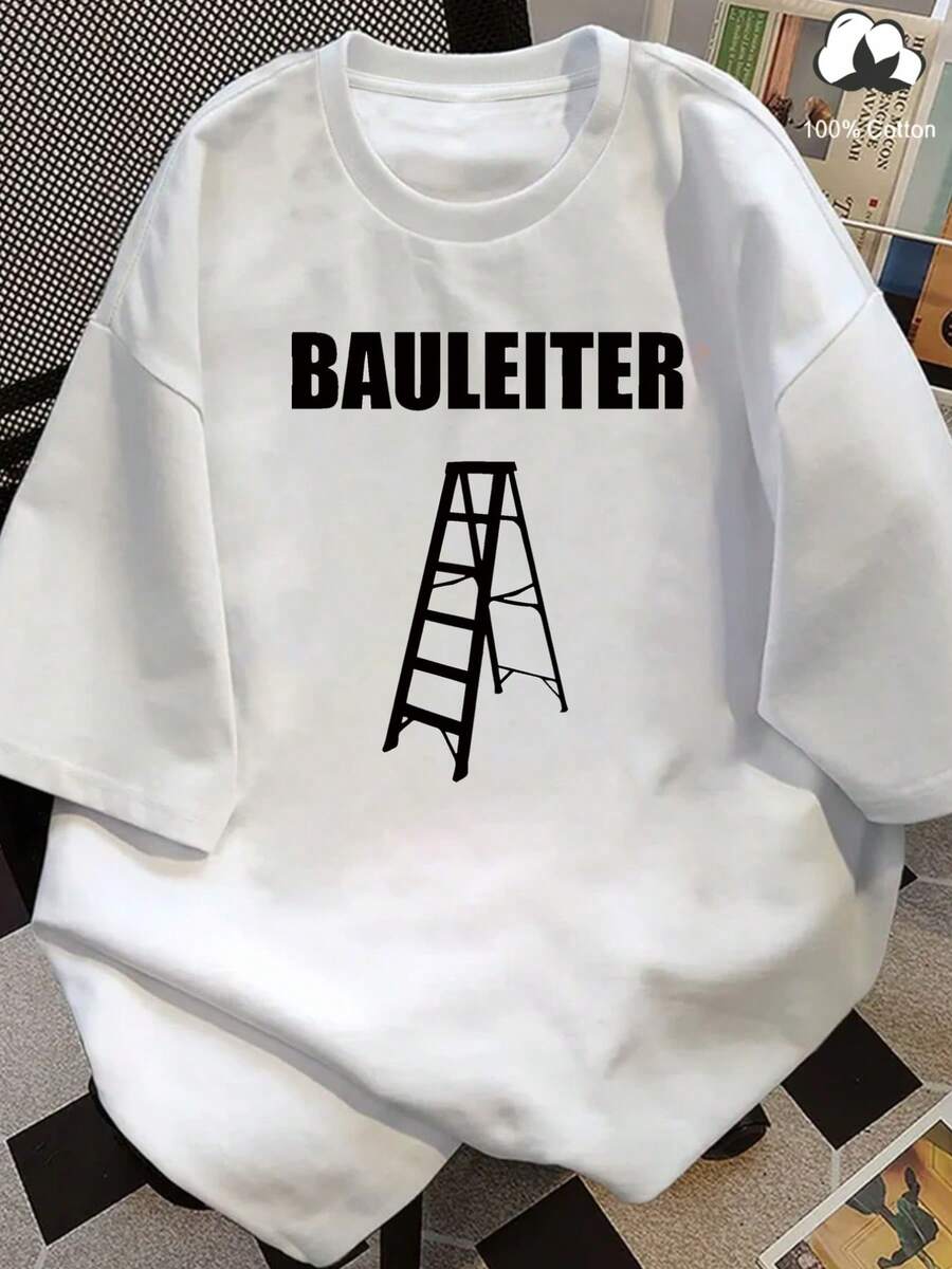 Camiseta gráfica 'BAULEITER' para hombre - Casual, Sve corto, cuello redondo, diseño negro y blanco elegante, tejido de algodón ligero y transpirable, perfecto para el uso diario y casuutings | Camiseta de ajuste relajado | y cómodo