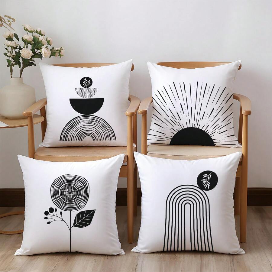 Bộ 4 vỏ gối trang trí họa tiết đường kẻ hình học tối giản đen trắng, chất liệu nhung mềm mại một mặt, kích thước 45*45CM, thích hợp trang trí phòng ngủ, phòng khách, tiệc tùng, gối trang trí sofa, quà tặng ngày lễ (Không bao gồm ruột gối). - Nhiều màu - Xem 1