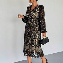 Plus Size Elegant Casual Lace Patchwork Elastic Long Sleeve Midi Dress, Suitable For Office, Resort Wear Spring Wedding Dress For Women - Negro - Ver 6