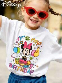 Disney Licensed Minnie Mouse "It's My Birthday" Print Kids' T-Shirt, Cute Cartoon Casual Tee, Perfect For Daily Wear, Birthday Parties, Family Gatherings And Weekend Trips, Shipped From Local Warehouse - trắng - Xem 2