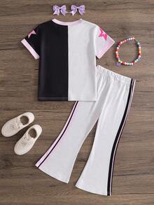 Young Girl Y2K Contrast Color Print Set - Gray & Black Colorblock Short Sleeve Top + Striped Flare Pants, "HEY GIRL" Letter Design, Streetwear Style, Suitable For School, Music Festivals, Casual Daily Wear, And Fashion Photoshoots - Grey - View 2