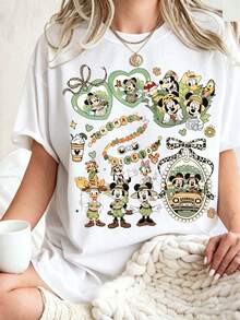 Disney Cartoon Retro Partner Collage Printed T-Shirt, Suitable For Daily Wear, Easy To Wear In Summer, Micro-Elastic, Soft Round Neck Casual Daily Shirt, Round Neck Summer Sweatshirt,  Women's T-Shirt, , Holiday Gifts. - 白色 - 查看 1