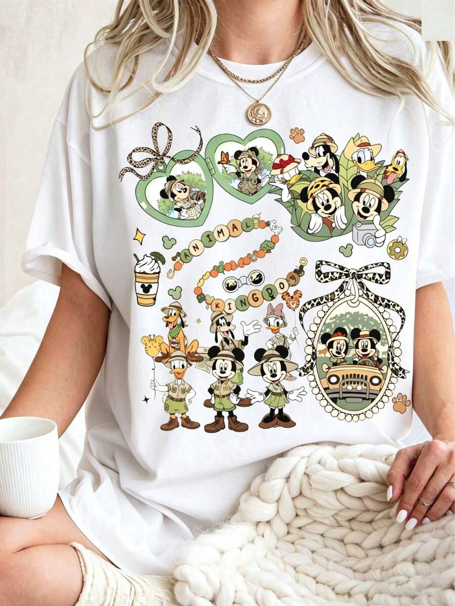 Disney Cartoon Retro Partner Collage Printed T-Shirt, Suitable For Daily Wear, Easy To Wear In Summer, Micro-Elastic, Soft Round Neck Casual Daily Shirt, Round Neck Summer Sweatshirt,  Women's T-Shirt, , Holiday Gifts. - 白色 - 查看 1