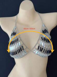ZHENGHEN Handmade Exquisite Black Transparent Rhinestone Striped Body Chain Bustier, Handmade Rhinestone Bikini Top Suitable For Beach Vacation And Nightclub - Black and White - View 4