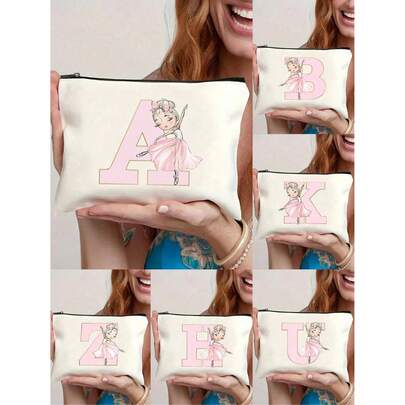 Personalized A-Z Initial Ballerina Makeup Bag, Custom Letter Print Cosmetic Organizer, Lightweight Canvas Zippered Toiletry Pouch For Travel Everyday Use, Stylish Ballet Gifts For Girls Women, Perfect Birthday Wedding Party Present