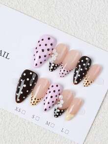 10pcs Handmade Apricot, Brown, Yellow Polka Dot French Manicure 3D Cute Minimalist Luxury False Nails - Multicolor - View 2