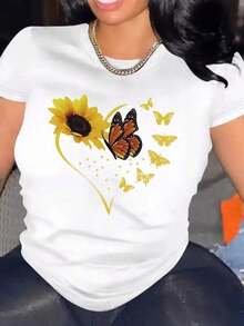 GiftGift Women's Casual T-Shirt With Sunflower And Black Butterfly Print - Round Neck, Short Sleeve For Spring Summer, Machine Washable, Comfortable Vacation Wear 1 Sexy Casual Sweet Party Elegant High Elasticity Beach Night Out Holiday Wedding Summer Heart Graphic SoftSoft - 白色的 - 查看 6