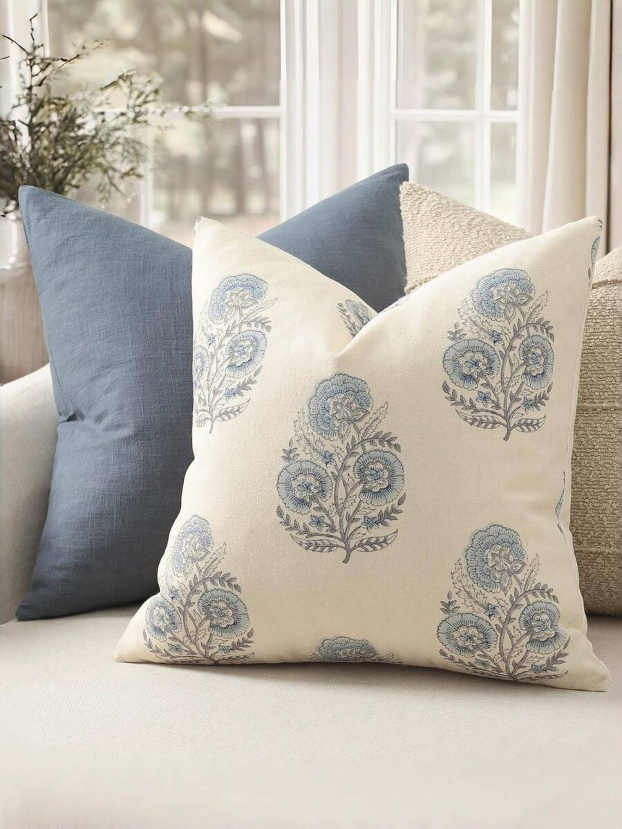 1pc Triple Floral Print Decorative Pillow Cover, Cute Flower Pattern Design, Fits Standard Pillow Insert, Easy To Clean And Change, Great Spring Gift - Blue - View 1