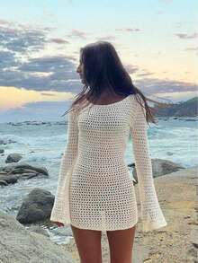 Vestido corto de punto transparente con espalda descubierta y diseño calado, para playa y vacaciones, de unicolor y manga larga, para primavera/verano - Blanco lechoso - Ver 5