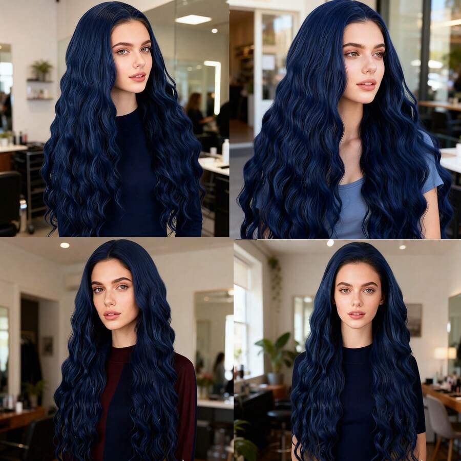 ZigZag Hair 24 Inch Navy Blue & Black Synthetic Lace Front Wig, Pre-Plucked Natural Hairline, Heat Resistant Fiber Hair, Suitable For Daily Wear - 180% Density High Temperature Fiber