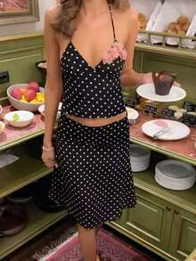 Damen 3-teiliges elegantes, sexy Polka Dot Mesh Rückenfreies Blumen Mesh Rock Bikini Set, geeignet für Strand, Urlaub, Reise, Bühnenauftritte, tägliche Dates, Sommer - Schwarz und Weiss - Übersicht 1