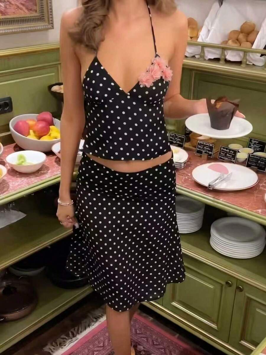 Damen 3-teiliges elegantes, sexy Polka Dot Mesh Rückenfreies Blumen Mesh Rock Bikini Set, geeignet für Strand, Urlaub, Reise, Bühnenauftritte, tägliche Dates, Sommer - Schwarz und Weiss - Übersicht 1