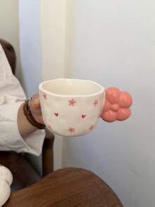 1pc Ins Style Floral Ceramic Coffee Cup, Korean Creative Asymmetrical Embossed Flower Handle, Suitable For Cappuccino, Latte, Afternoon Tea, Cold/Hot Beverages, Milk, Espresso, Ideal For Easter, Christmas, Birthday Party, Home, Office, Holiday Gift - Multicolor - View 11