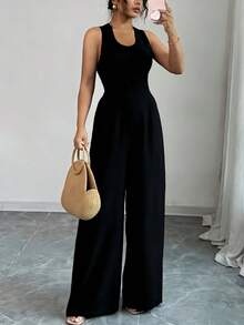 Plus Women's Halter Neck Wide Leg Jumpsuit, V-Neck Backless Crisscross Tie Waist Romper, Sleeveless Loose Fit, Lightweight Spring & Summer Outfit For Home, Outdoor & Casual Wear, All Ages,Tropical Vacation Outfits,4th Of July Outfit Women,Tropical Outfits For Women,Tropical Vacation Outfits,Women's Plus-Size Jumpsuit, - 黑色 - 查看 3