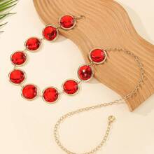 1pc Vintage Geometric Pattern Iron Alloy Boho Silver Metal Waist Belt, Personalized Embossed Creative Design Dress Accessory Waist Chain, Suitable For All Seasons - Red - View 6