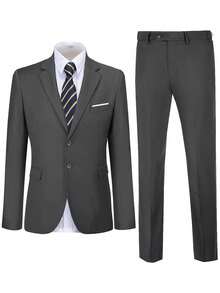 Setelan Jas Pria 2 Potong, Setelan Blazer dan Celana Panjang Elegan Warna Polos, Potongan Slim Fit Dua Kancing, Model Single-Breasted untuk Pesta dan Pernikahan, Abu-abu Gelap, XS-XXXL - Dark Grey - View 2