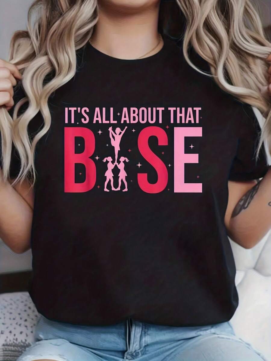 Women's "It's All About That Base" Cheerleader T-Shirt - Fun Cheerleader Graphic Print With Pink Lettering, Comfortable Short-Sleeve Crew Neck T-Shirt, Practical Cheerleading And Casual Wear, Machine Washable All The Time. - 黑色 - 查看 1