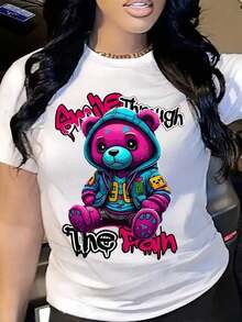 Camiseta de manga corta para mujer con estampado de oso adorable, estilo streetwear, con un oso de peluche colorido y texto "Sonríe a pesar del dolor". Perfecta para uso casual en primavera y verano. Regalo ideal para amigos y familiares amantes de la moda única. 100% algodón. - Blanco - Ver 7