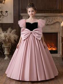 Teen Girl Elegant Ruffle Sleeve Handmade Beaded Black & Lotus Pink Satin Long Party Dress With 3D Bow Waist And Flared Skirt, Suitable For Wedding, Birthday, Party, Prom, Banquet, Flower Girl, Bridesmaid, Graduation - Dusty Pink - View 5
