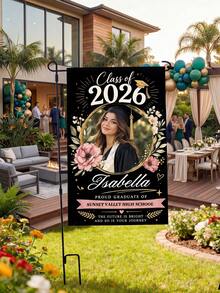 1pc Custom Graduation Photo Garden Flag, Personalized Photo/Name/School Name Class Of 2026 Yard Banner, Floral Wreath High School College Graduation Gift, Black Background Welcome Sign Garden Flag, Yard Part Decor, Celebration Photo Prop - Multicolor - View 6