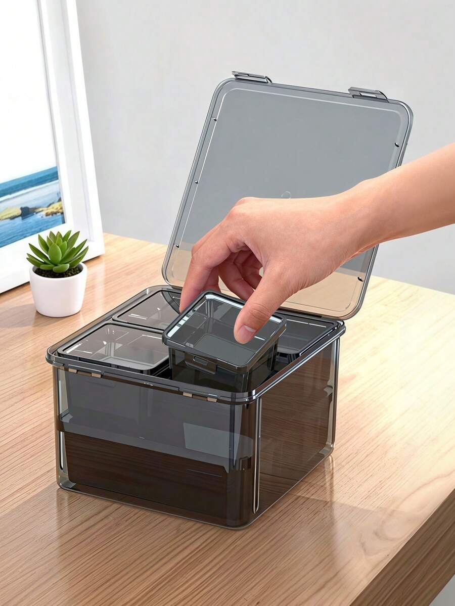 7pcs/Set Extra Large Transparent Black Multi-Purpose Storage Box With Lid, Suitable For Storing Stationery, Tools, Cosmetics, Portable Storage Box, Essential For Travel - Multicolor - View 1