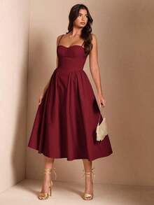 Elegante vestido largo sin mangas con manga abultada para mujer, adecuado para citas diarias, salidas, discotecas, fiestas, temporada de otoño - Burdeos - Ver 8