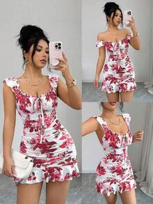 Vestido con volantes en el bajo y hombros descubiertos con estampado de lunares vintage, elegante y sexy vestido de verano con estampado floral pequeño y espalda descubierta al estilo francés - Rojo 2 - Ver 8