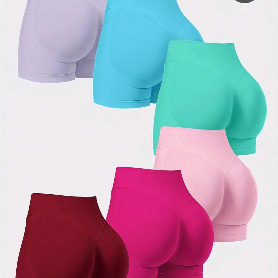 6pcs Set Of Women's High-Waisted, Elastic Sport Shorts. Spring/Summer New Style. Butt-Lifting, Tummy-Tucking, Waist-Cinching, Stylish, Quick-Dry, Soft, Sweet, Macaron-Hued, Perfect For Fitness & Running. - Đa sắc - Xem 1