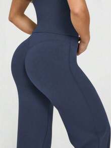 Pantalones de yoga holgados de talle alto para mujer, color azul marino sólido, tejido suave y elástico, efecto estilizador y levantador de glúteos, ideal para actividades al aire libre, uso doméstico casual, gimnasio, entrenamiento y todas las estaciones del año - Azul marino - Ver 6