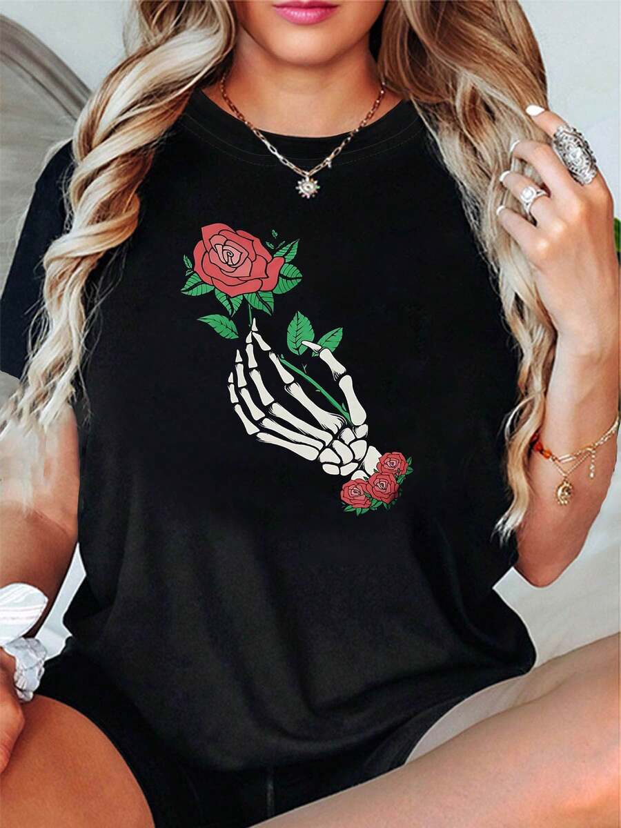 Women's Dark Pink Skull Style T-Shirt | Red-White-Green Graphic Contrast Short Sleeve, Stylish Romantic Niche Everyday Fashion - 黑色 - 查看 1