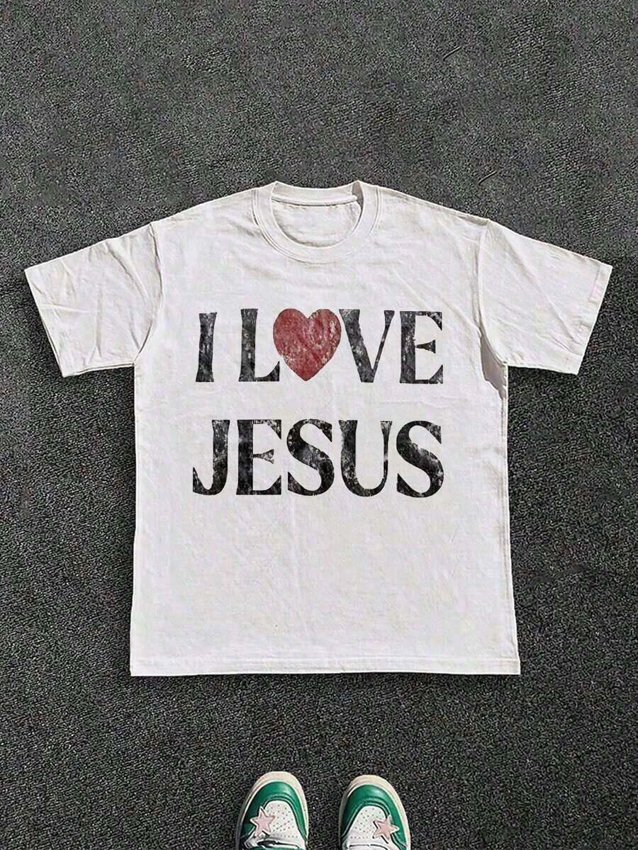 1 camiseta para hombre 100% algodón con estampado gráfico "I Love Jesus" con efecto desgastado, perfecta para el uso diario de hombres cristianos, es una opción de regalo ideal. 180g Algodón 100%. - Blanco - Ver 1